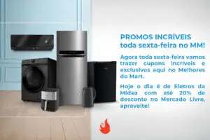 Promos incríveis toda sexta-feira! Agora toda sexta-feira vamos trazer cupons incríveis e exclusivos aqui no Melhores do Mart. Hoje o dia é de Eletros da Midea com até 20% de desconto no Mercado Livre, aproveite os produtos Midea no Mercado Livre!