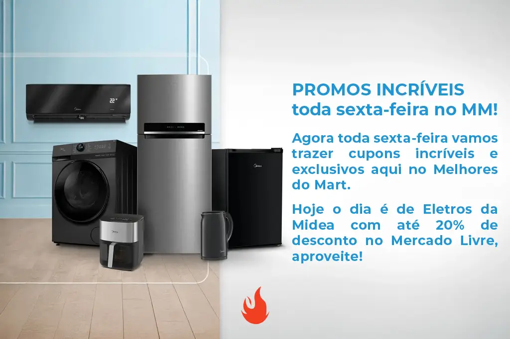 Promos incríveis toda sexta-feira! Agora toda sexta-feira vamos trazer cupons incríveis e exclusivos aqui no Melhores do Mart. Hoje o dia é de Eletros da Midea com até 20% de desconto no Mercado Livre, aproveite os produtos Midea no Mercado Livre!